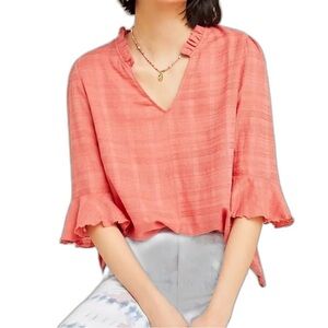 Anthropologie Dolan Left Coast Tandy Ruffle VNeck Top 3/4 Flutter Sleeve Coral S